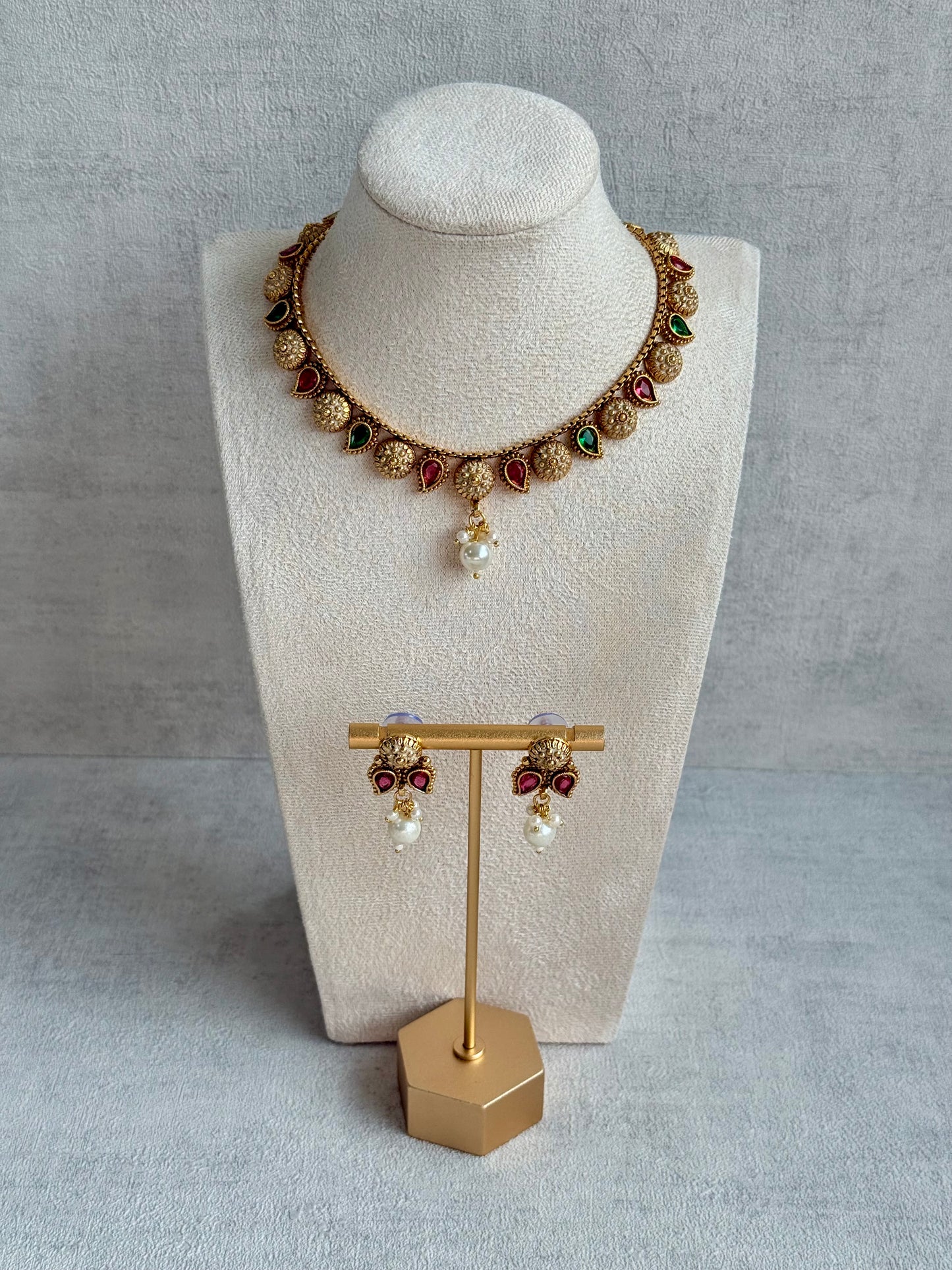 Ayura Designs Mayura Necklace Set with Earrings – Antique Gold Meenakari Motifs with Pearl Drop & Rani Pink and Emerald Green Stones