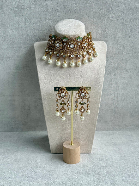 Ayura Designs Serina Choker Set with Earrings – Mint & Pistachio Enamel, Mirror-Cut Stones & Pearl Drops