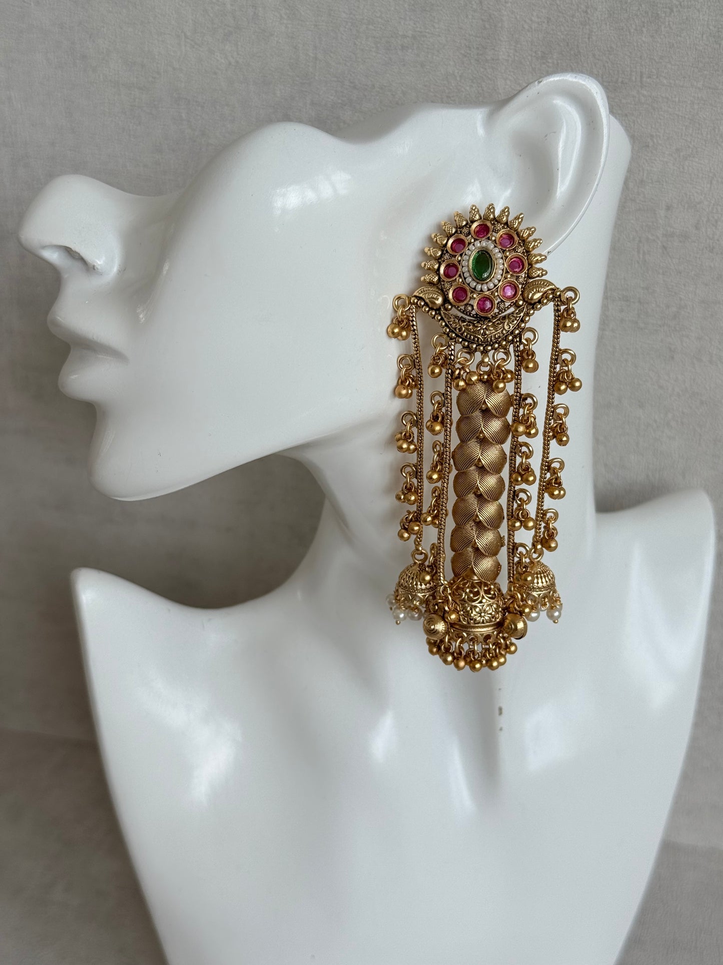 Ayura Designs Ishya Jhumkis – Gold Ghungroo Chain Earrings with Ruby Pink & Green Kundan