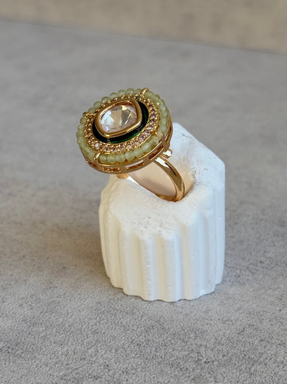 Ayura Designs Roselle Adjustable Ring – Moissanite Centre with Crystal Border & Mint Green Beads