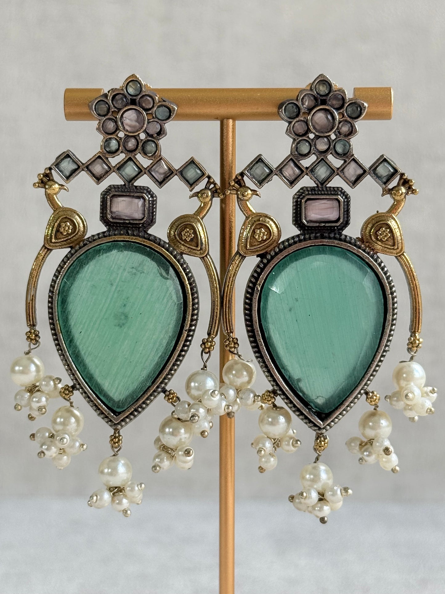 Ayura Designs Kafila Earrings – Dual Tone Oxidised Earrings with Peacock Motifs, Mint Green & Blush Pink Stones