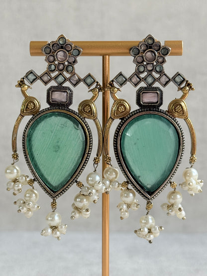 Ayura Designs Kafila Earrings – Dual Tone Oxidised Earrings with Peacock Motifs, Mint Green & Blush Pink Stones