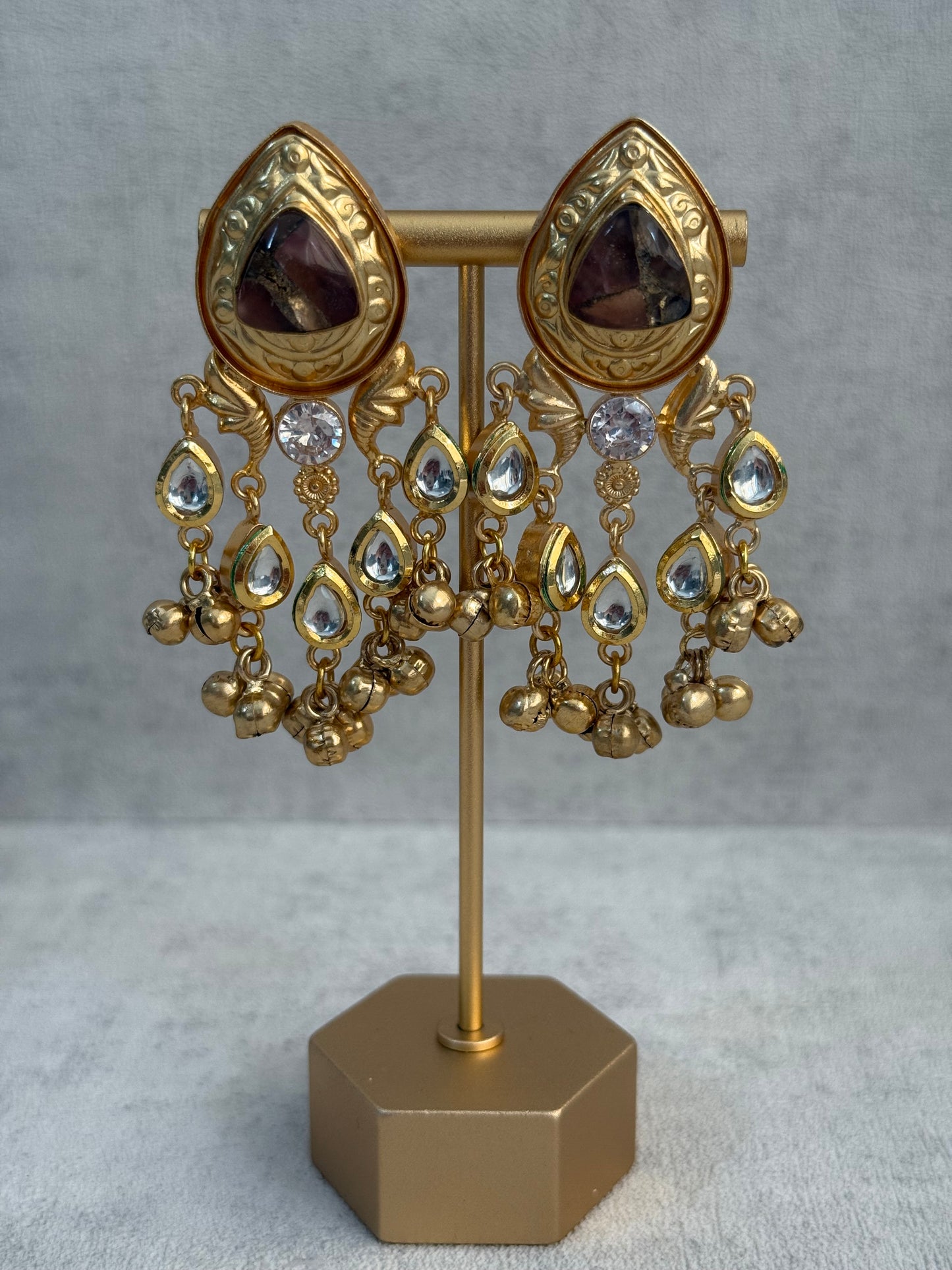 Ayura Designs Arheer Earrings – Brown Marble with Kundan Detailing & Antique Gold Ghungroos