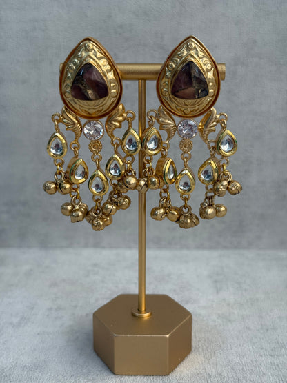 Ayura Designs Arheer Earrings – Brown Marble with Kundan Detailing & Antique Gold Ghungroos