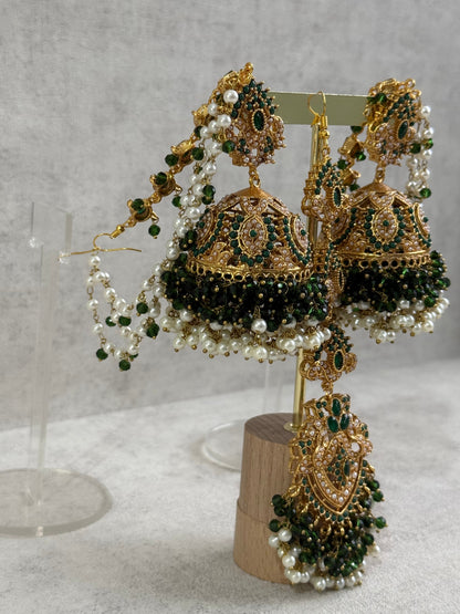 Ayura Designs Noor Set – Choker, Jhumkis with Sahare & Tikka in Emerald Green with Pearl Detailing