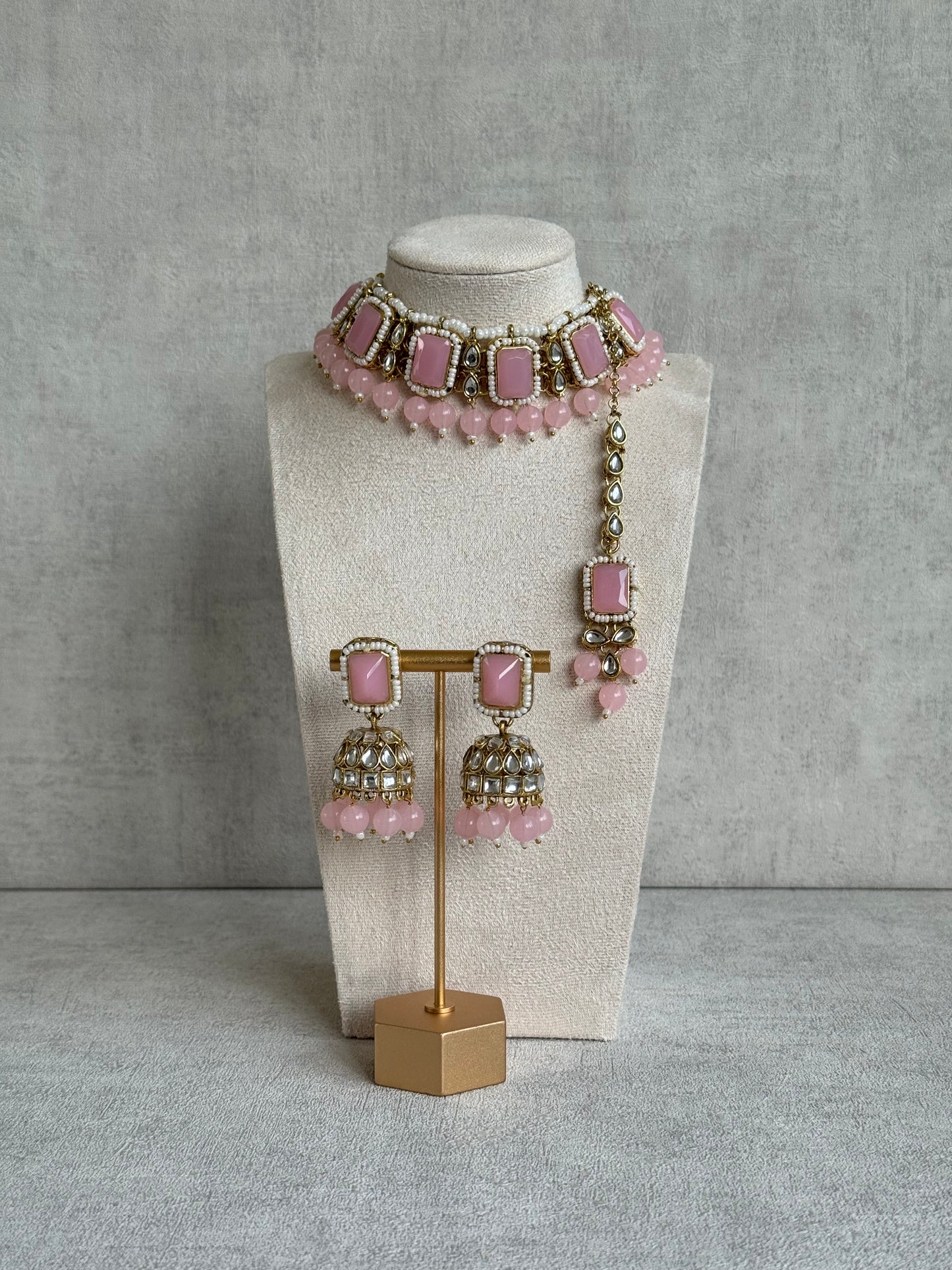 Ayura Designs Samaya Set with Jhumkis & Tikka – Blush Pink Stones, Kundan Detailing & Gold Finish