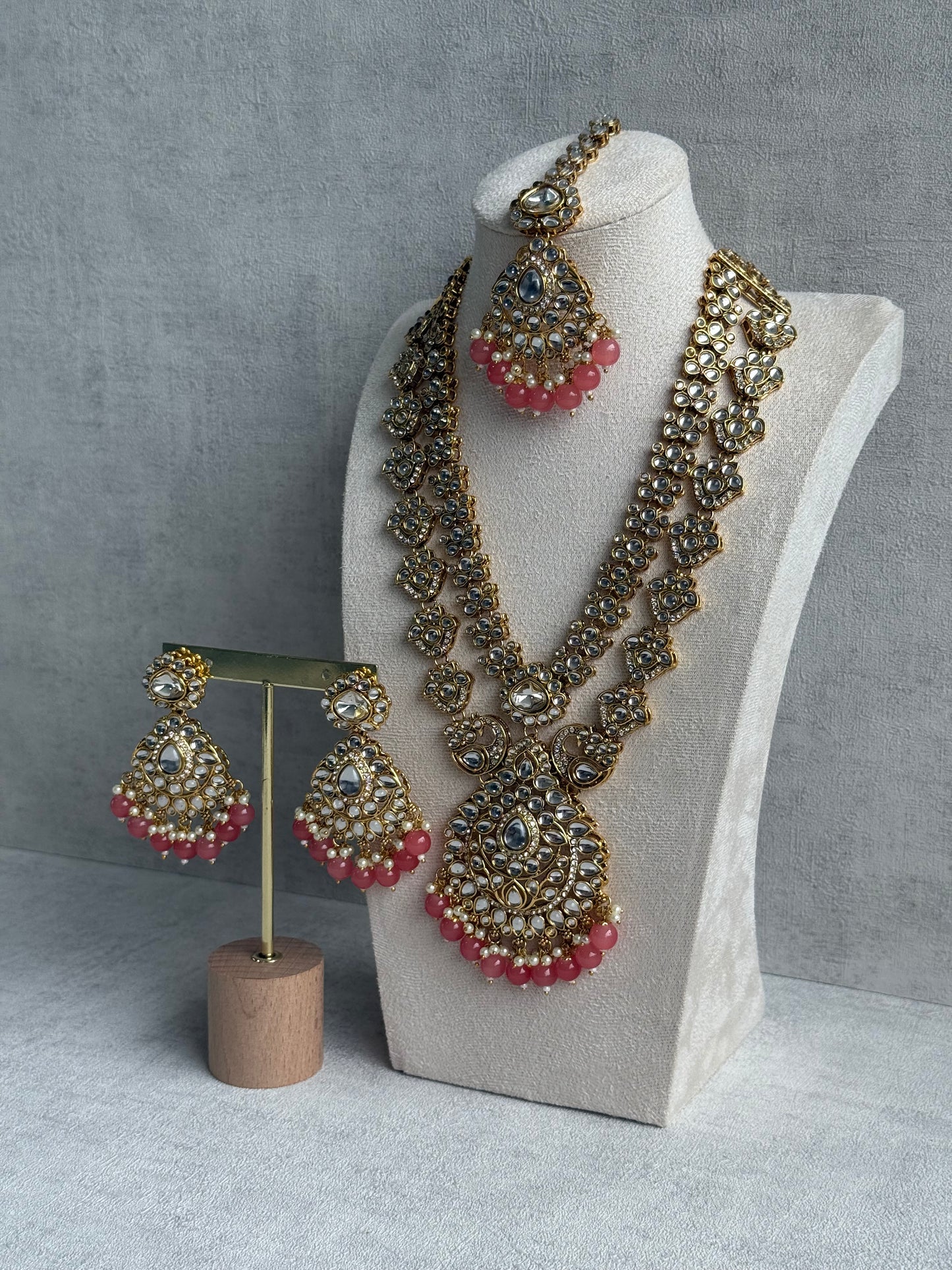 Ayura Designs Javeria Set with Earrings & Tikka – Peach Beads, Mirror Kundan & Gold Finish