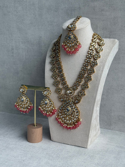 Ayura Designs Javeria Set with Earrings & Tikka – Peach Beads, Mirror Kundan & Gold Finish