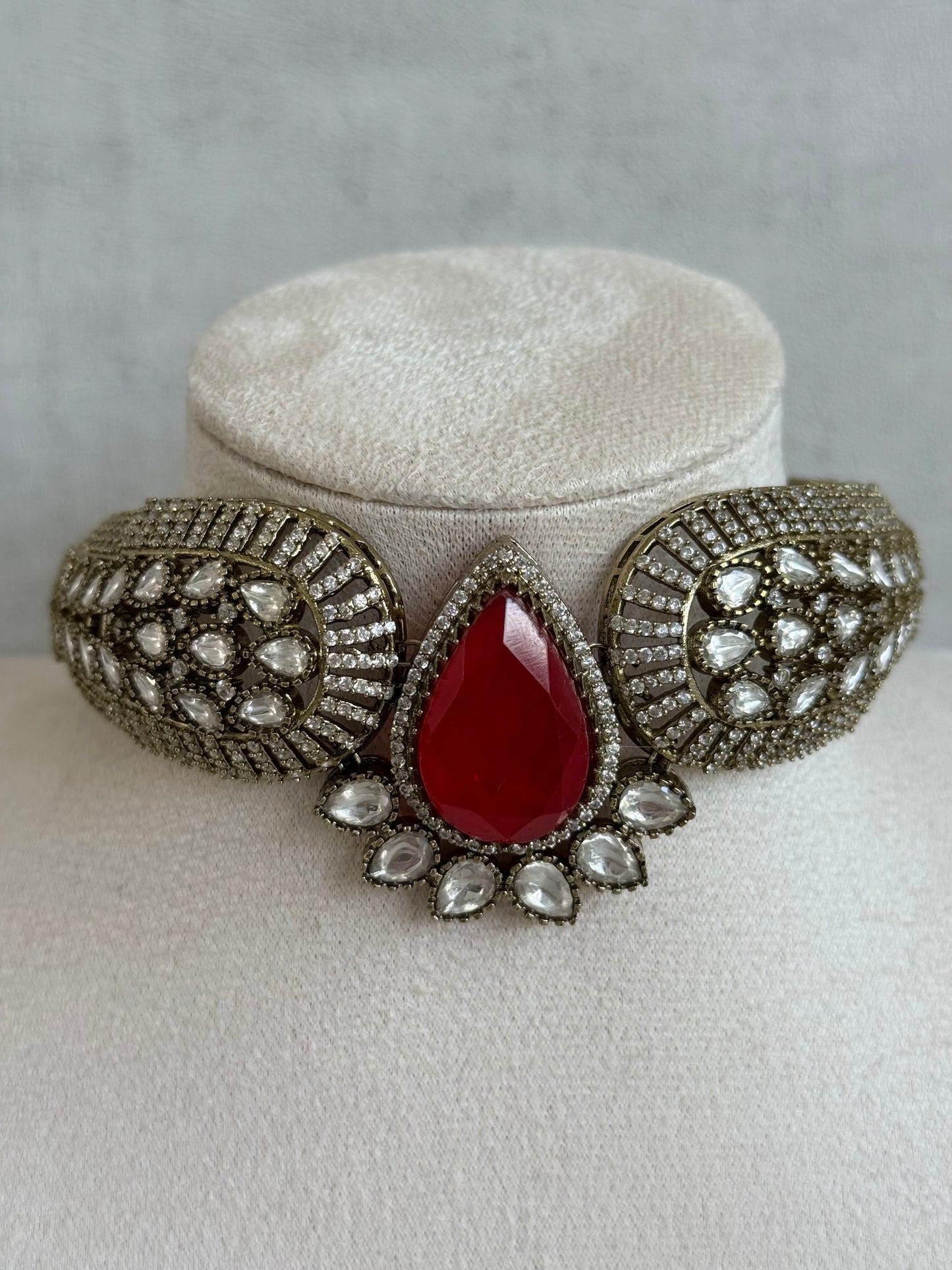 Ayura Designs Ziva Choker Set with Earrings – Ruby Red Teardrop Stone with Moissanite Style Detailing