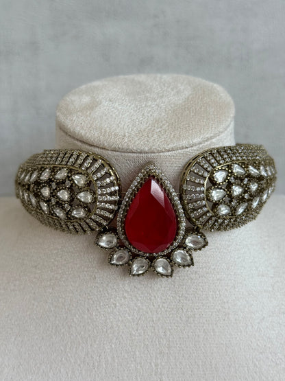 Ayura Designs Ziva Choker Set with Earrings – Ruby Red Teardrop Stone with Moissanite Style Detailing
