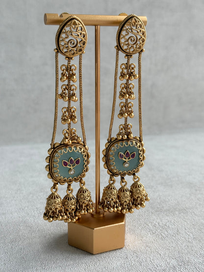 Ayura Designs Ihana Earrings – Mint Green Enamel with Pink Kundan, Ghungroo & Jhumki Detailing