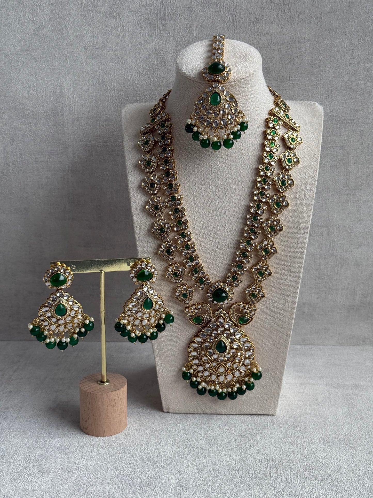 Ayura Designs Javeria Set with Earrings & Tikka – Emerald Green Stones, Mirror Kundan & Gold Finish
