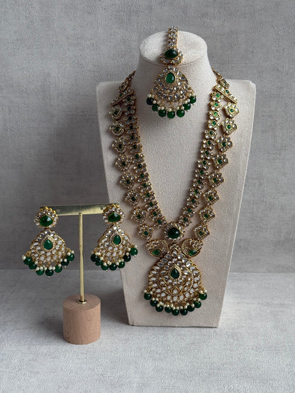 Ayura Designs Javeria Set with Earrings & Tikka – Emerald Green Stones, Mirror Kundan & Gold Finish