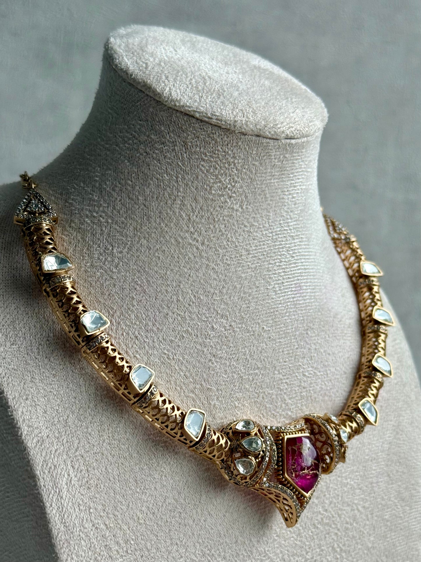 Ayura Designs Krupa Set – Necklace & Earrings with Magenta Stone featuring Natural Marbling, Mirror-Cut Kundan & Antique Gold Detailing