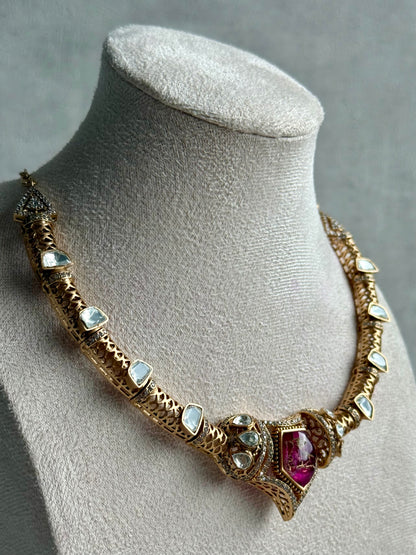 Ayura Designs Krupa Set – Necklace & Earrings with Magenta Stone featuring Natural Marbling, Mirror-Cut Kundan & Antique Gold Detailing