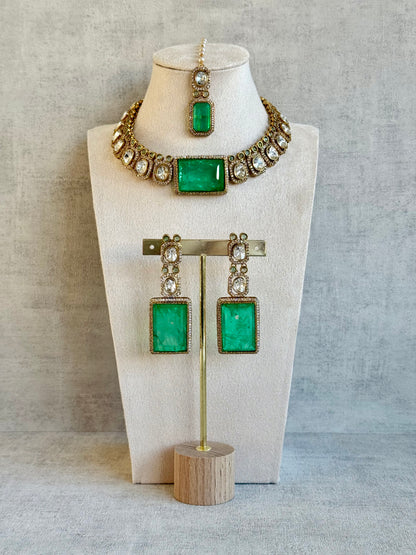 Ayura Designs Clara Set with Earrings & Tikka — Jade Green Moissanite Stones and Antique Gold Finish