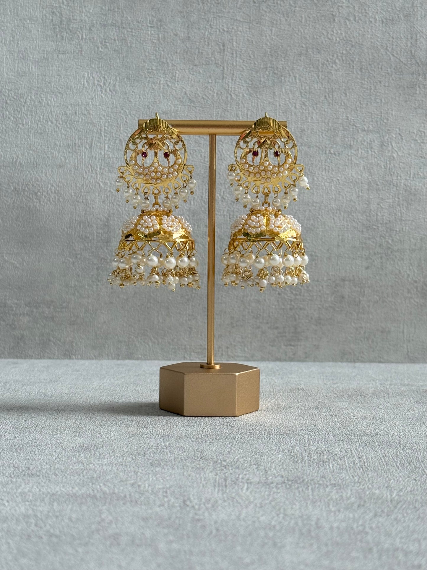 Ayura Designs Pannu Jhumkis – Pippal Patti Gold Jhumkis with Pearl Detailing