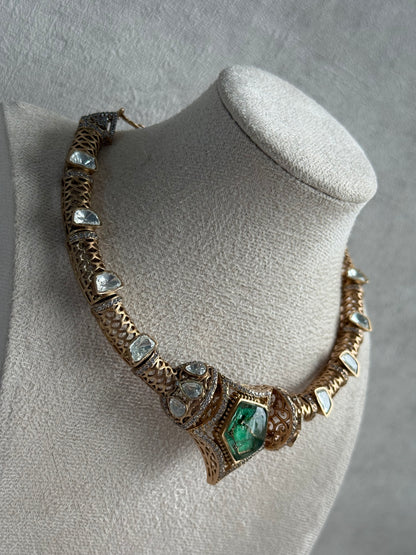 Ayura Designs Krupa Set – Necklace & Earrings with Green Stone featuring Natural Marbling, Mirror-Cut Kundan & Antique Gold Detailing