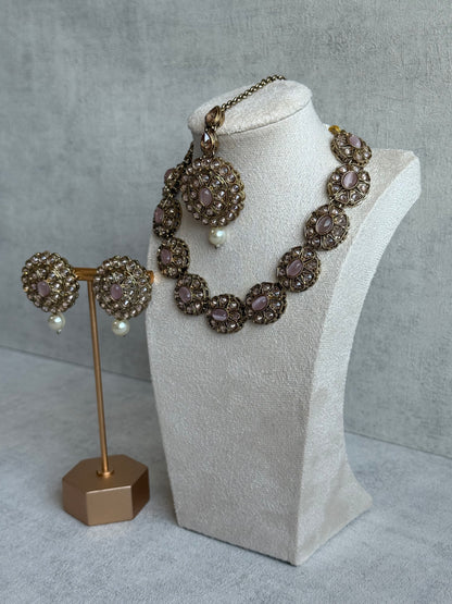 Ayura Designs Sania Set with Necklace, Earrings & Tikka – Blush Pink Stones, Kundan Detailing & Antique Gold Finish