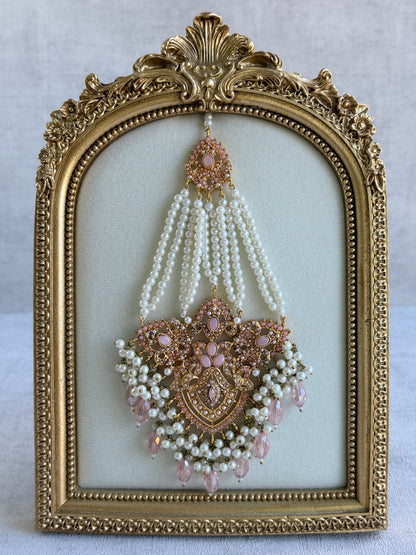 Ayura Designs Zahara Jhoomar Passa – Blush Pink Stones, Ivory Pearls & Gold Finish