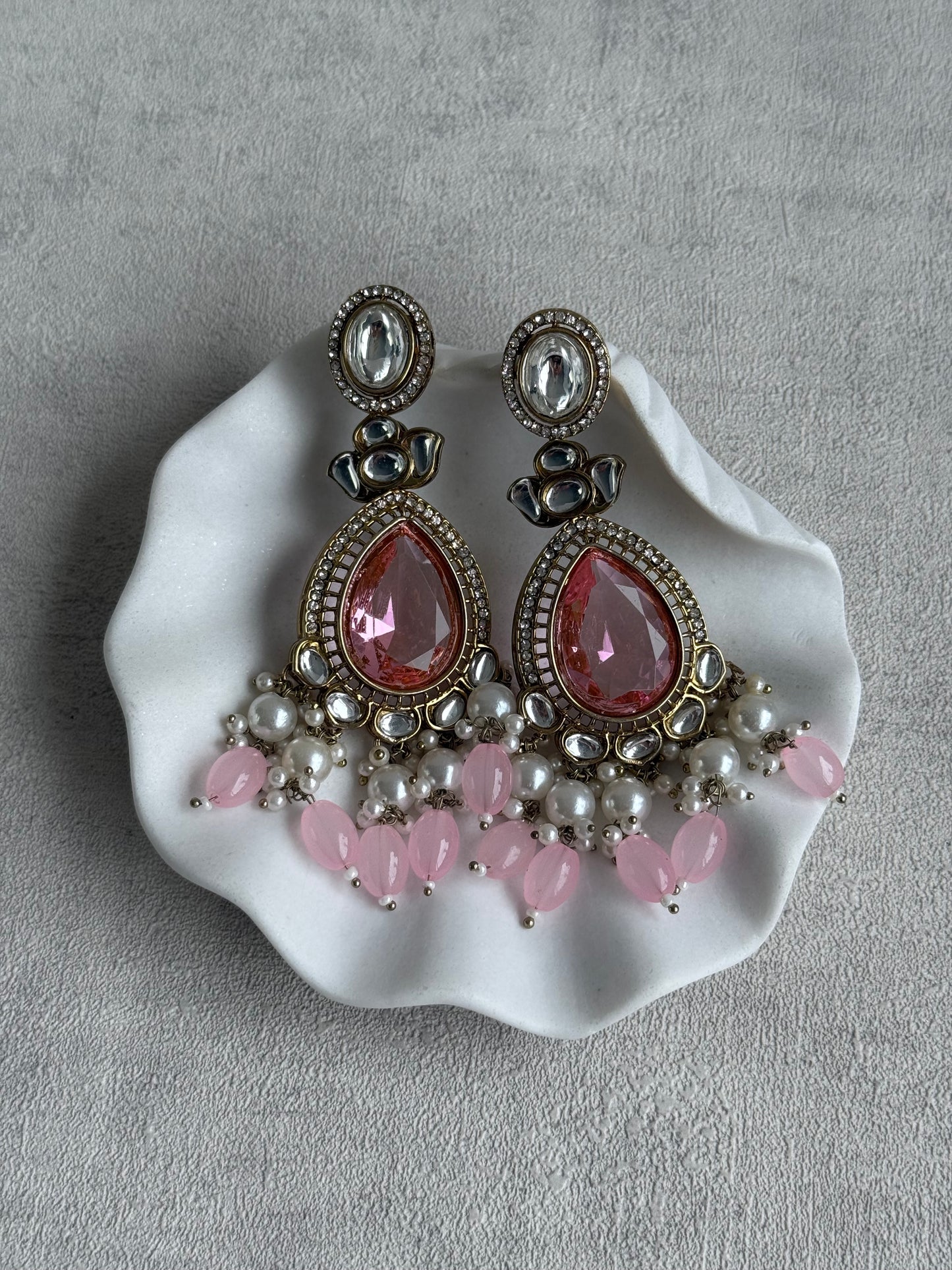 Ayura Designs Nageen Earrings – Antique Gold Jhumkis with Rose Pink Stones, Mirror-Cut Accents & Pearl Drops