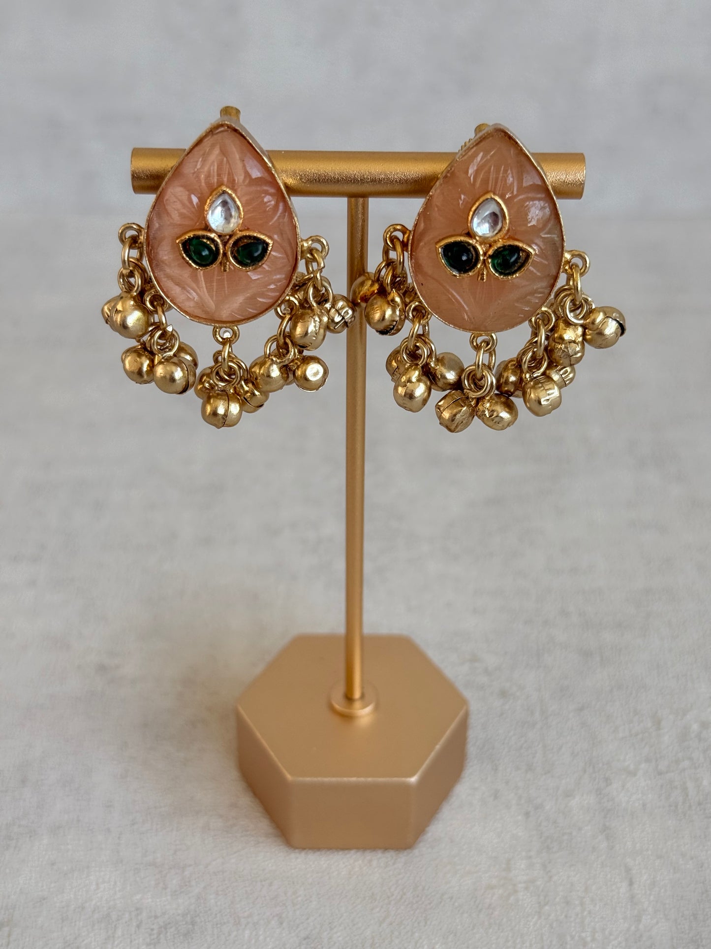 Ayura Designs Aykai Earrings – Champagne Peach Teardrop Stud Earrings with Clear Kundan Stones and Gold Ghungroo Drops