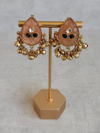 Ayura Designs Aykai Earrings – Champagne Peach Teardrop Stud Earrings with Clear Kundan Stones and Gold Ghungroo Drops