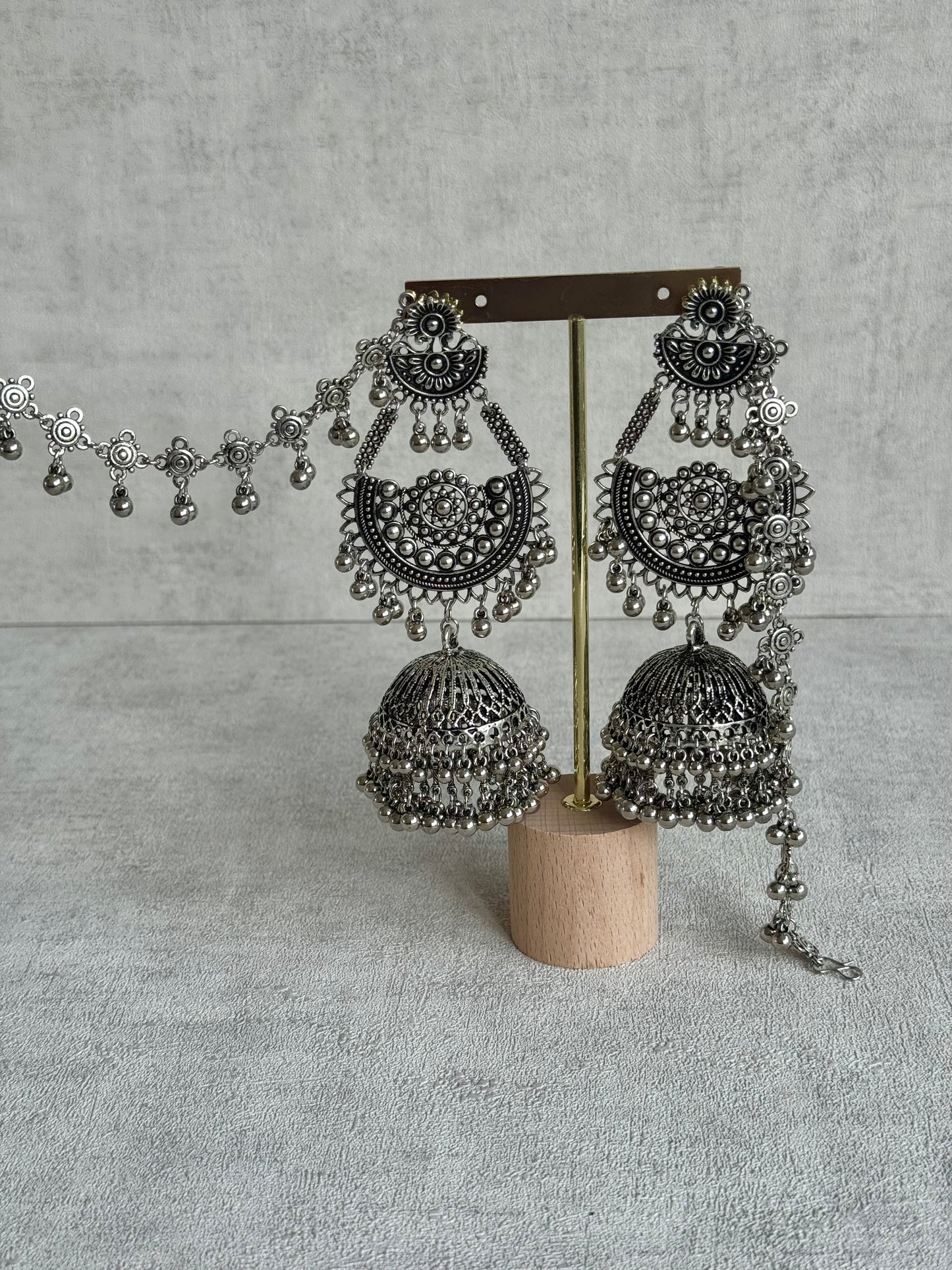 Ayura Designs Jhoomar Jhumkis – Oxidised Silver Earrings with Tribal Motifs, Ghungroos & Sahare