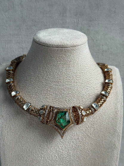 Ayura Designs Krupa Set – Necklace & Earrings with Green Stone featuring Natural Marbling, Mirror-Cut Kundan & Antique Gold Detailing