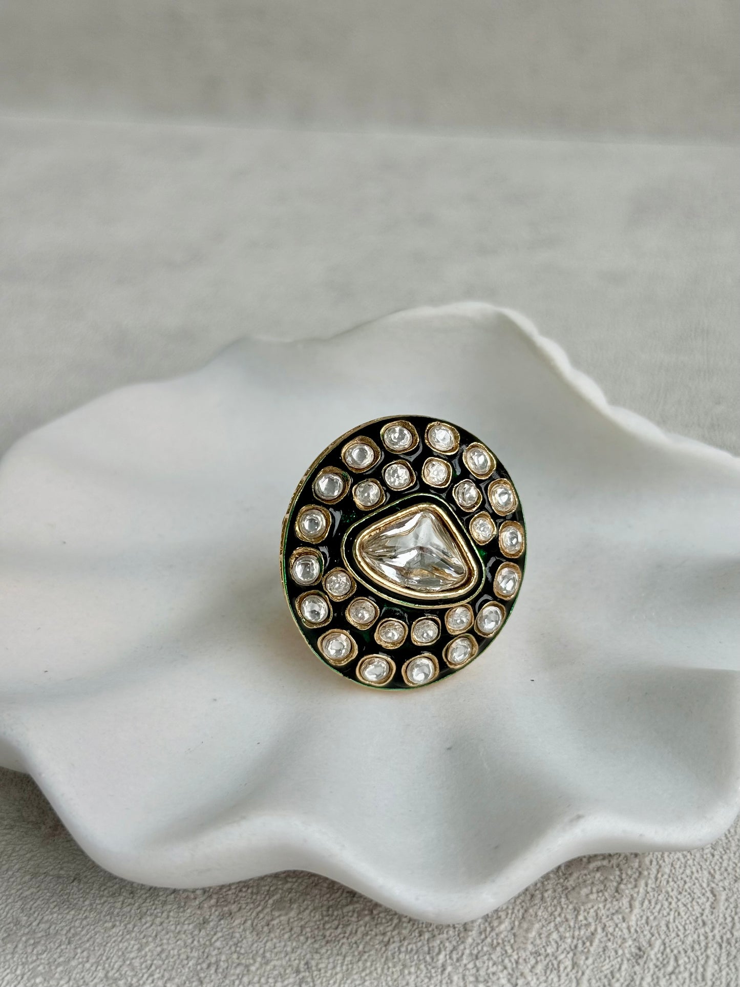 Ayura Designs Firdos Adjustable Ring – Mirror-Cut Stone Statement Ring with Green Enamel