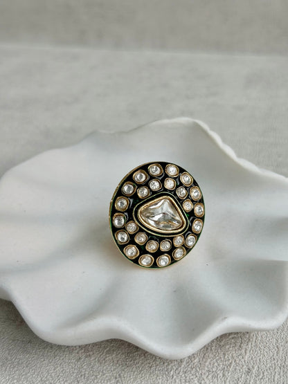 Ayura Designs Firdos Adjustable Ring – Mirror-Cut Stone Statement Ring with Green Enamel