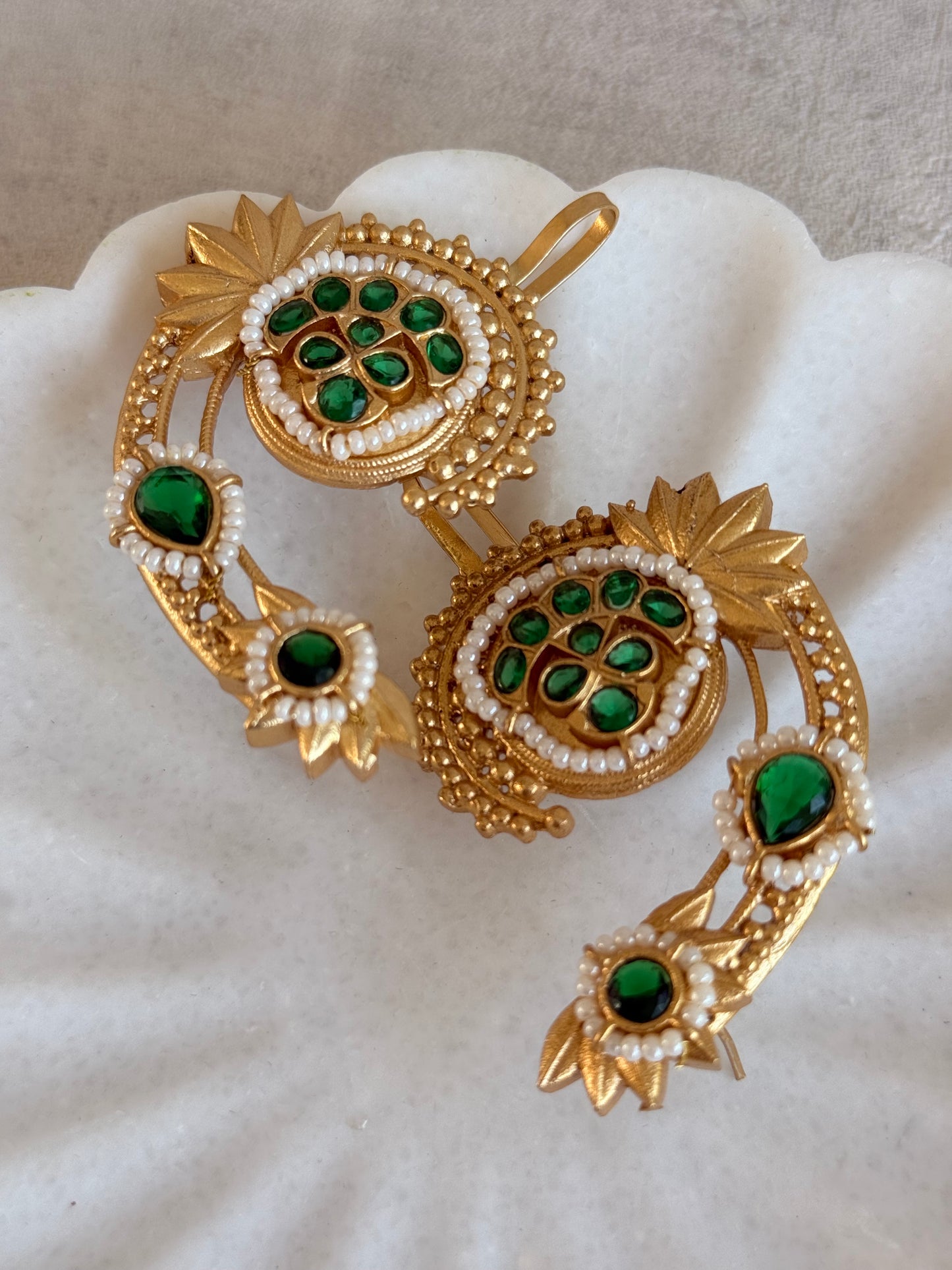 Ayura Designs Raatani Ear Climbers – Emerald Green Ear Climbers with Pearl Detailing & Floral Cutwork Design