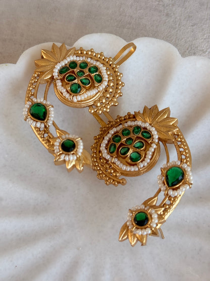 Ayura Designs Raatani Ear Climbers – Emerald Green Ear Climbers with Pearl Detailing & Floral Cutwork Design