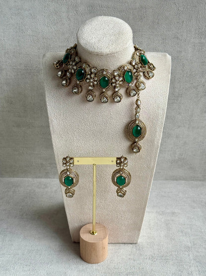Ayura Designs Emanya Choker Set – Choker, Earrings & Tikka with Mirror-Cut Stones, Emerald Green & Antique Gold Detailing