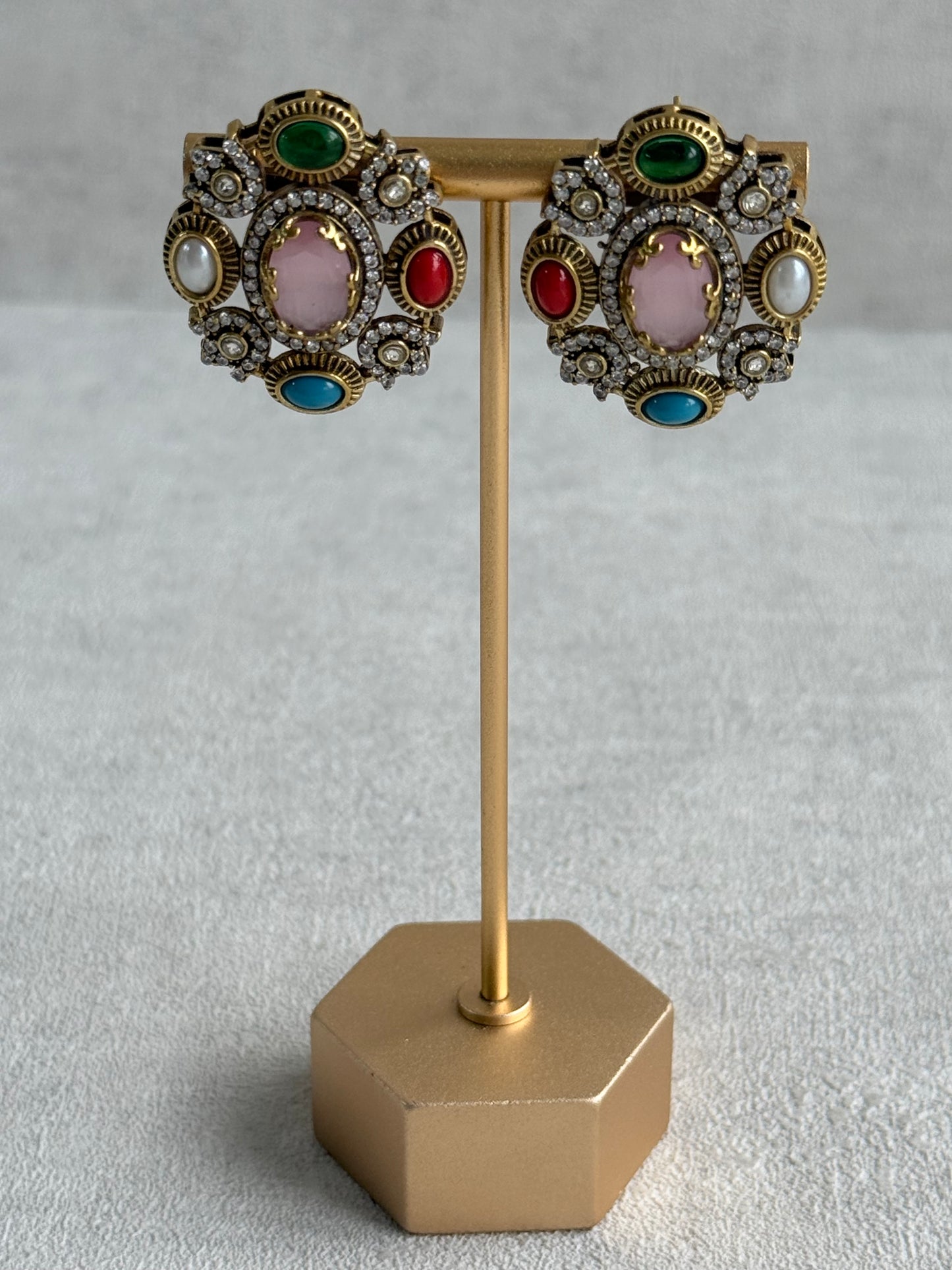 Ayura Designs Celia Stud Earrings – Blush Pink & Multicolour Stones with Gold Finish