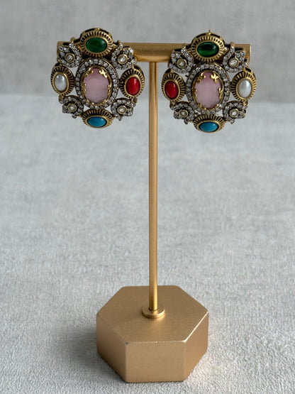Ayura Designs Celia Stud Earrings – Blush Pink & Multicolour Stones with Gold Finish