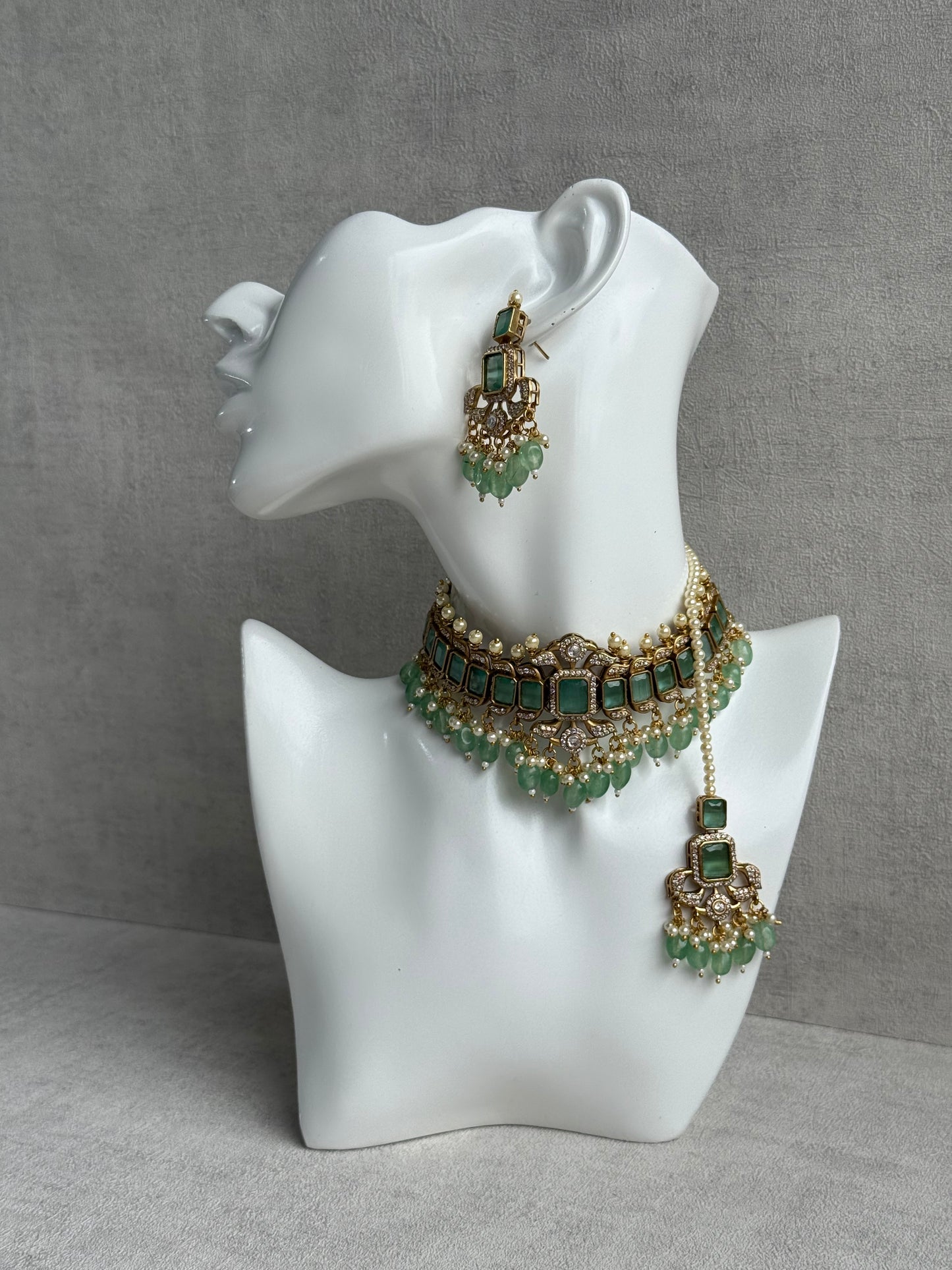 Ayura Designs Esme Set – Antique Gold Choker with Mint Green Stones, Pearls & Crystal Detailing