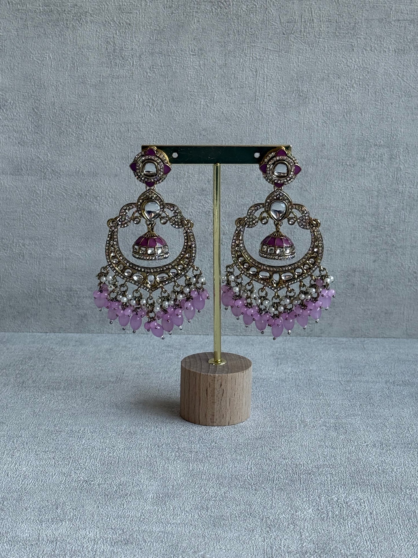 Ayura Designs Reha Earrings – Statement Chandbalis with Lavender Pink Beads, Pearls & Mirror-Cut Stones