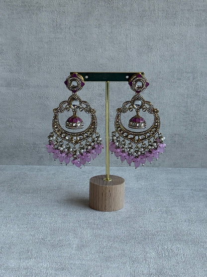 Ayura Designs Reha Earrings – Statement Chandbalis with Lavender Pink Beads, Pearls & Mirror-Cut Stones