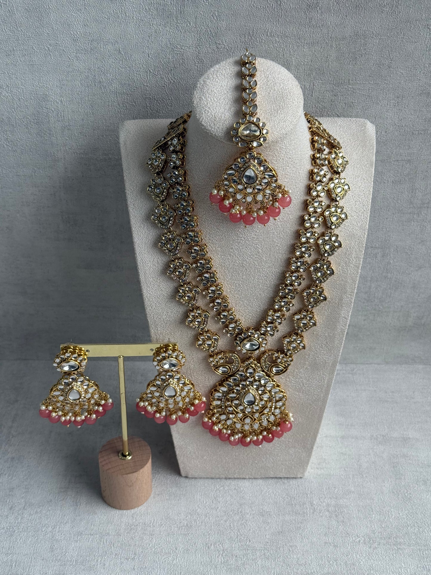 Ayura Designs Javeria Set with Earrings & Tikka – Peach Beads, Mirror Kundan & Gold Finish