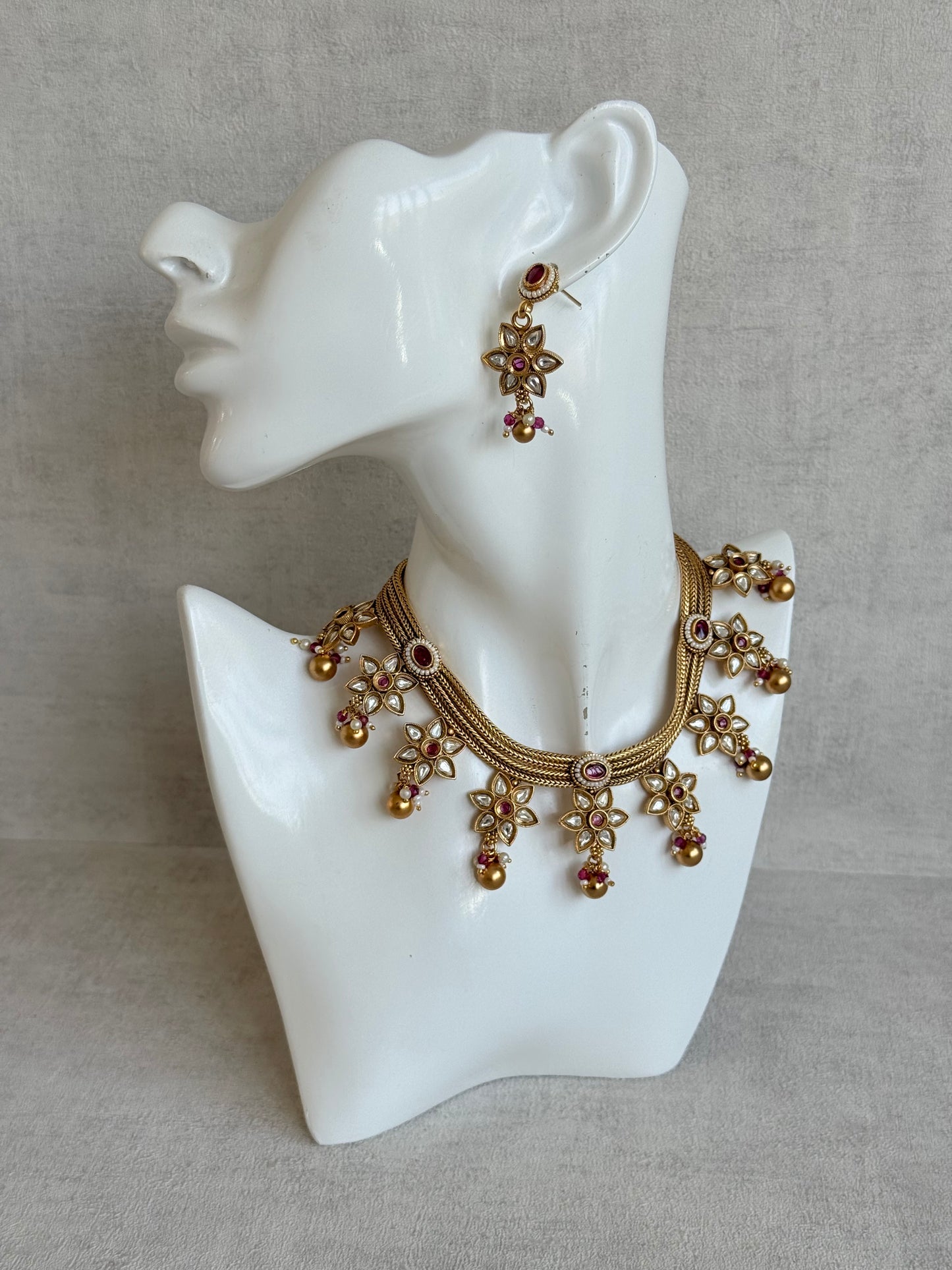 Ayura Designs Daksha Necklace Set with Earrings – Gold Layered Chain Necklace with Ruby Pink Kundan Floral Motifs