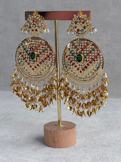 Ayura Designs Seerat Earrings – Emerald Green & Multicolour Gold Pippal Patti Design with Pearls