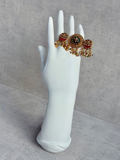 Ayura Designs Raha Adjustable Ring – Antique Gold Lotus Motifs with Emerald Green & Rani Pink Stones, Pearl Drops & Ghungroo Detailing