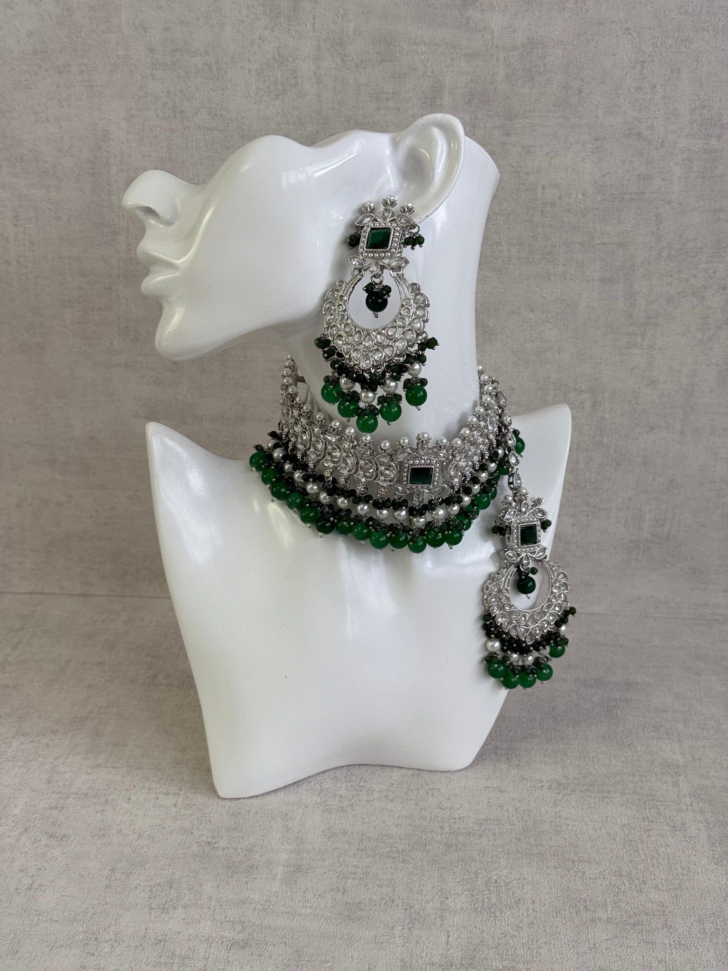 Ayura Designs Sarwat Choker Set – Emerald Green Stones, Ivory Pearl Drops & Antique Silver Finish