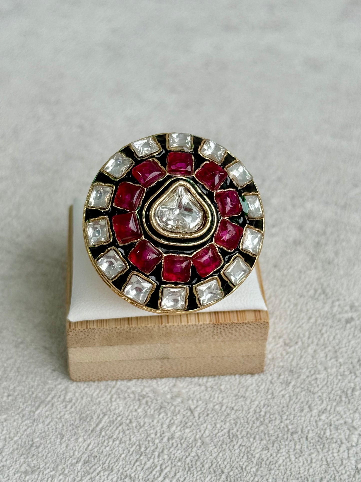 Ayura Designs Zaib Adjustable Ring – Mirror-Cut Stone with Green Enamel, Ruby Pink Accents & Crystal Detailing