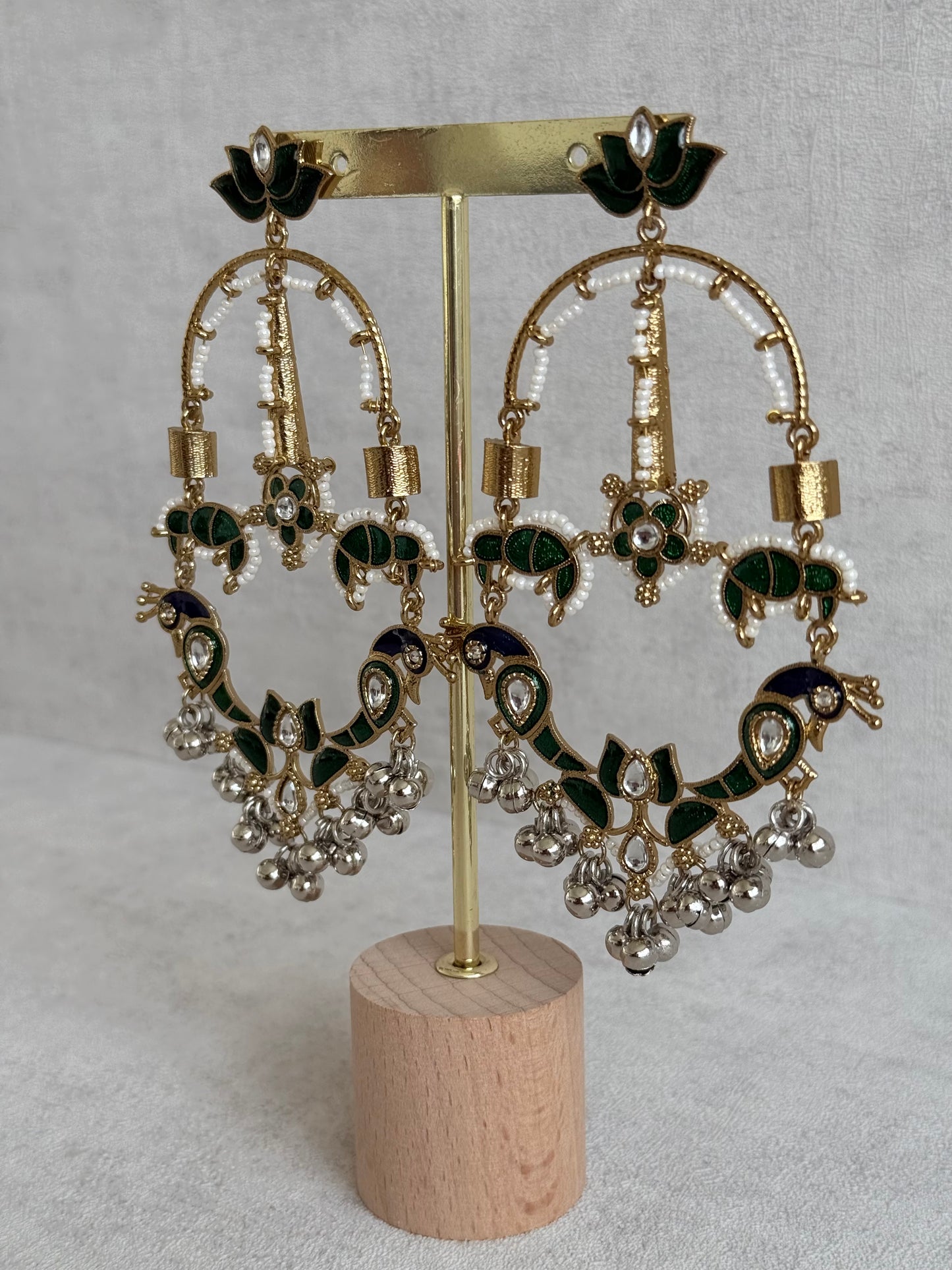 Ayura Designs Zoonpari Earrings – Emerald Green & Blue Meenakari Peacock Chandeliers in Dual Tone with Ghungroos