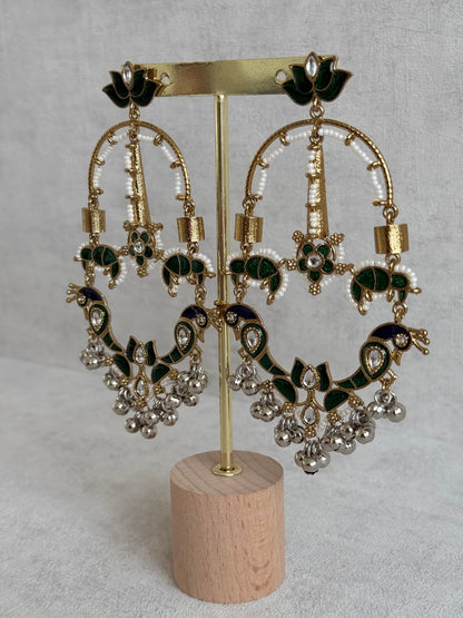 Ayura Designs Zoonpari Earrings – Emerald Green & Blue Meenakari Peacock Chandeliers in Dual Tone with Ghungroos