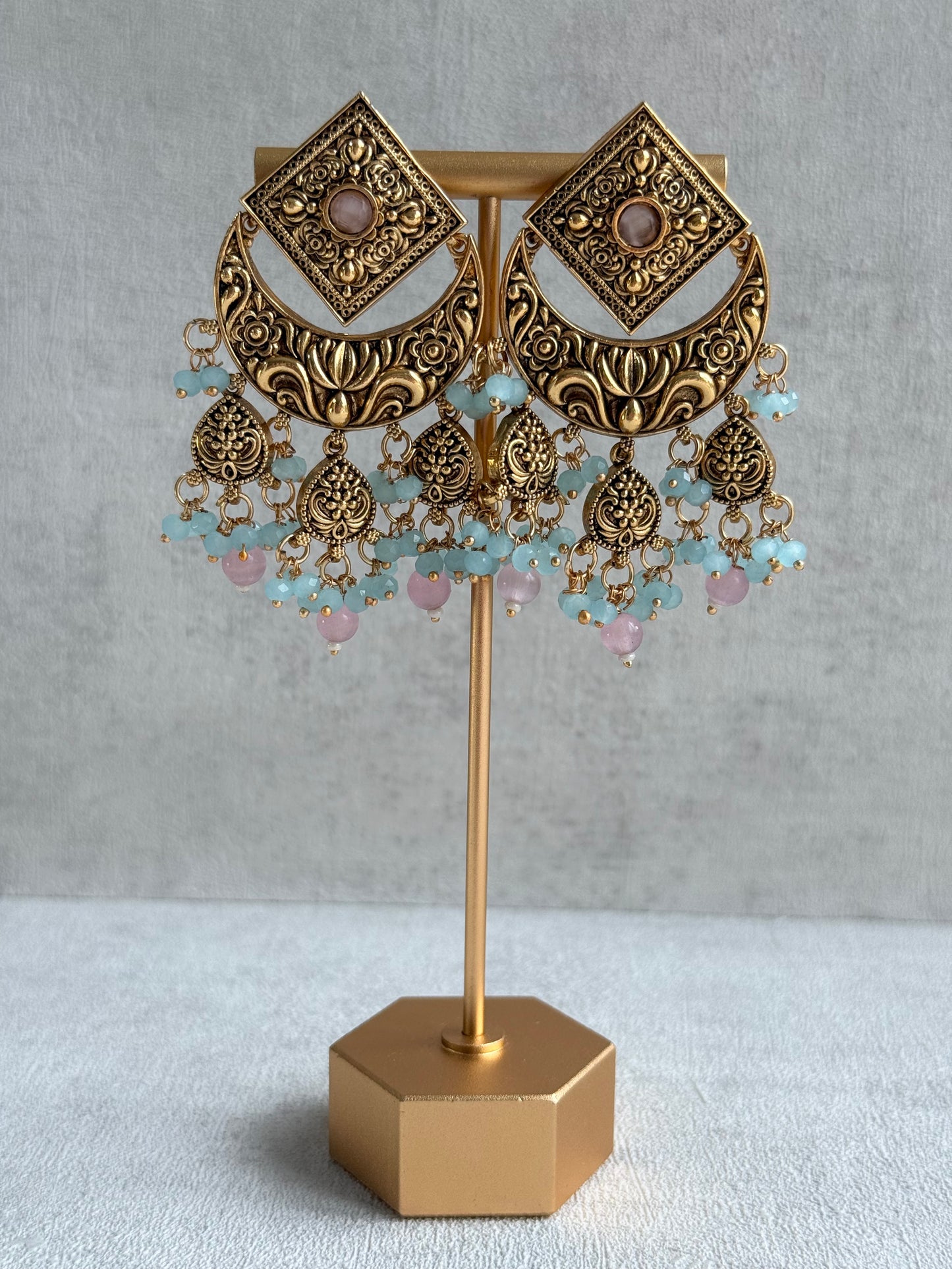 Ayura Designs Samera Choker Set with Earrings & Tikka – Aqua Blue & Blush Pink Beads, Green Centre Stone, Floral Motifs & Antique Gold Finish