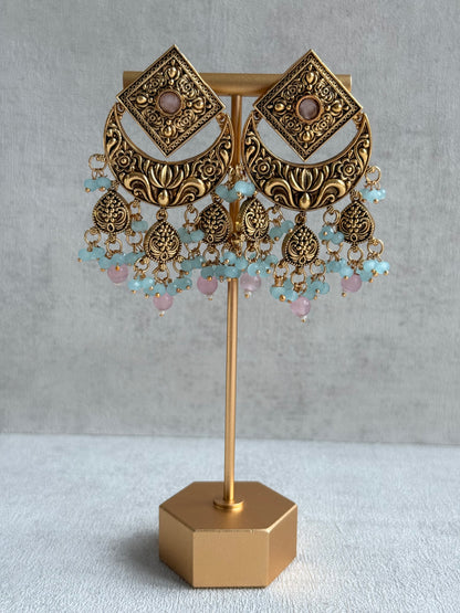 Ayura Designs Samera Choker Set with Earrings & Tikka – Aqua Blue & Blush Pink Beads, Green Centre Stone, Floral Motifs & Antique Gold Finish