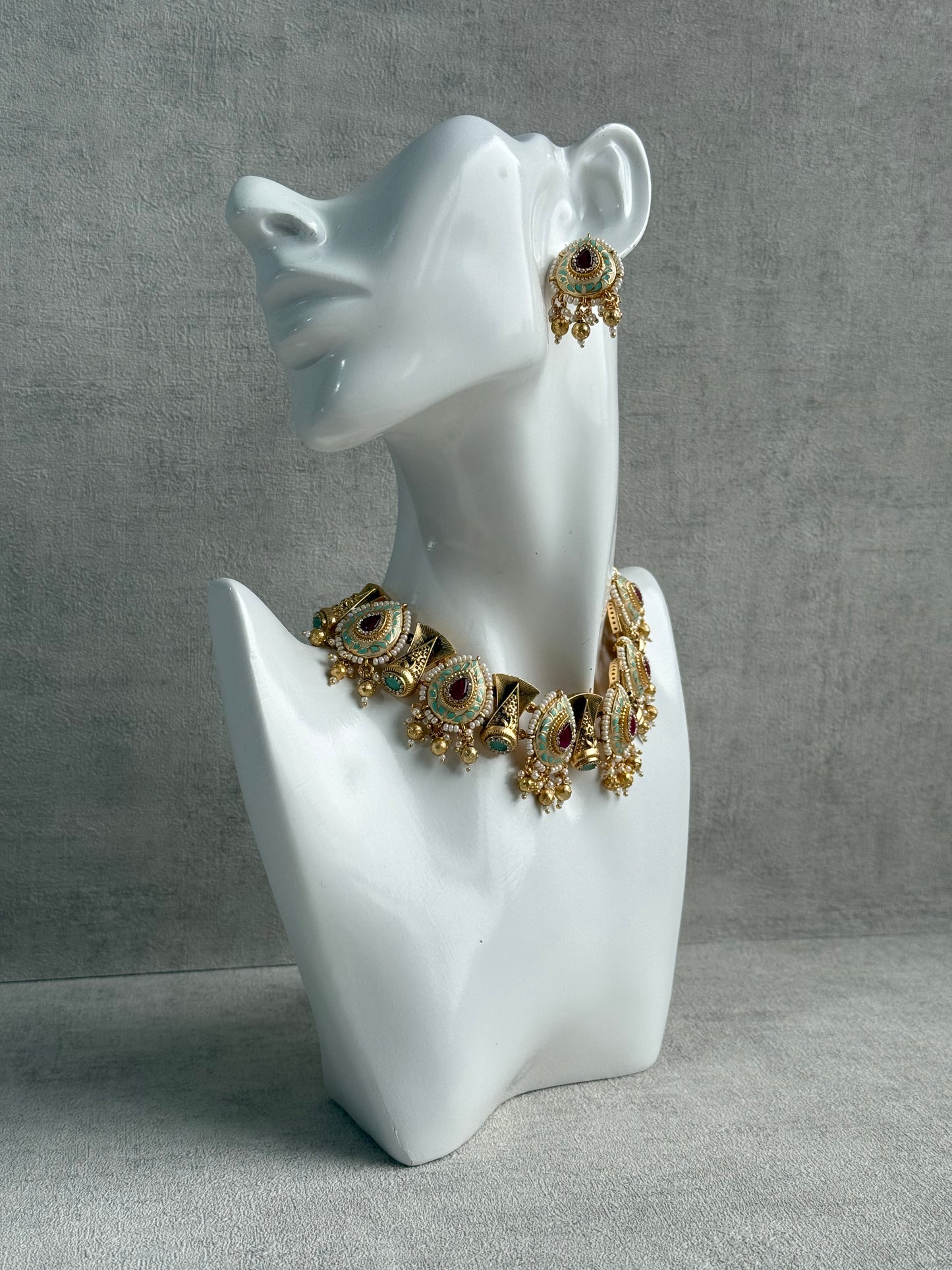 Ayura Designs Aaira Set with Necklace & Studs – Mint Green Meenakari with Rani Pink Centre & Pearl Detailing